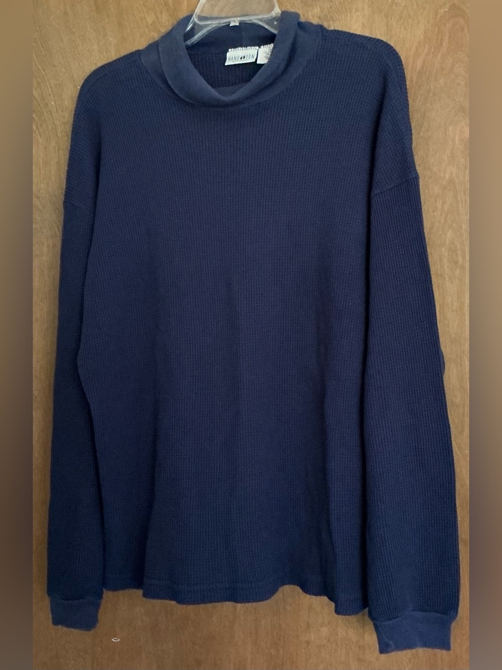 Vintage Hang Ten Turtleneck Sweater Mens L Navy Blue Waffle Knit Cotton USA